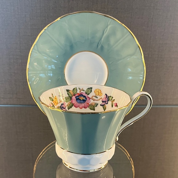 Aynsley Tea Cup and Saucer. Sage Green, Floral, Scalloped, Textural, Fluted. - Picture 3 of 12